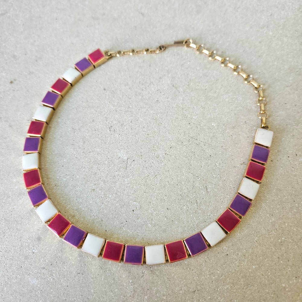 Vtg‎ 80s Enamel Square Tile Choker Necklace Gold Tone Magenta Purple Cream Retro